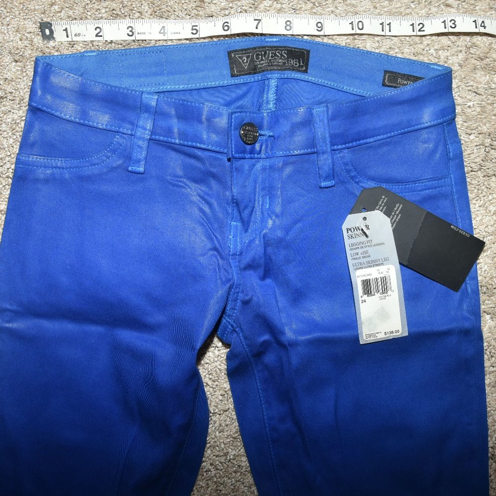 Guess Power Skinny wax coated low-rise bright blue shiny skinny pants sz 24, NWT - Picture 3 of 5